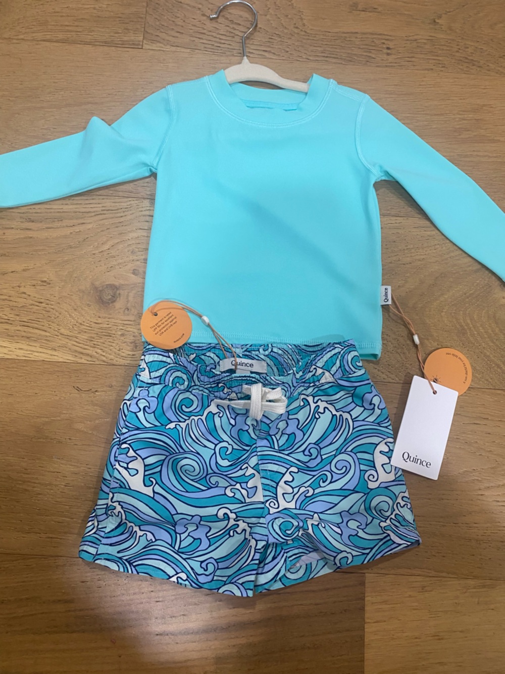 Quince Kids boys Aqua Long-Sleeve Rash Guard & Wave Print Swim Shorts 9-12m NWT